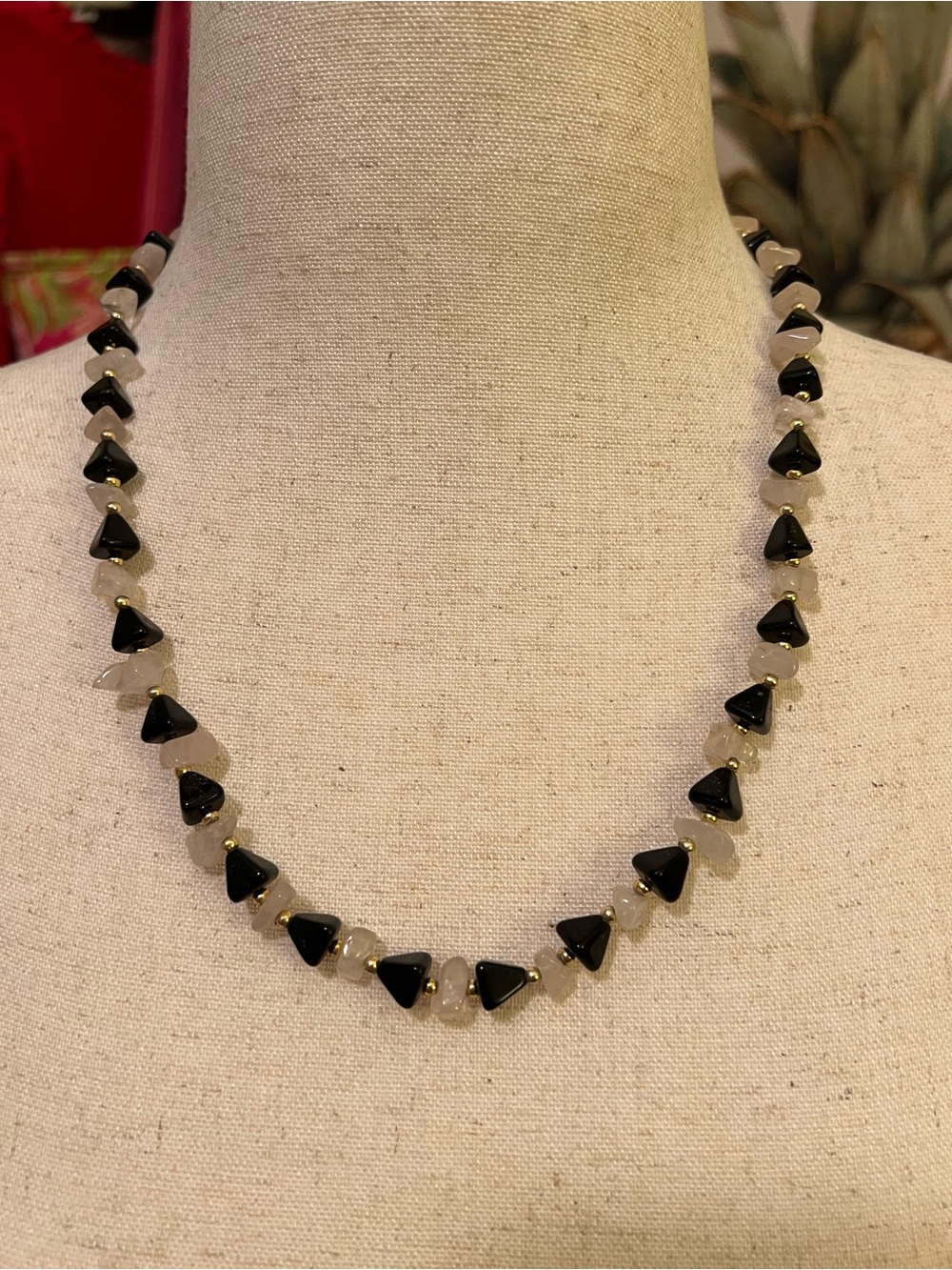 Vintage Rose Quartz and Black Onyx Necklace with Gold Accents